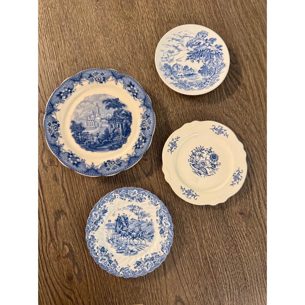 Vintage Blue and White Mismatched Plates Set of 4 plate wall cottagecore